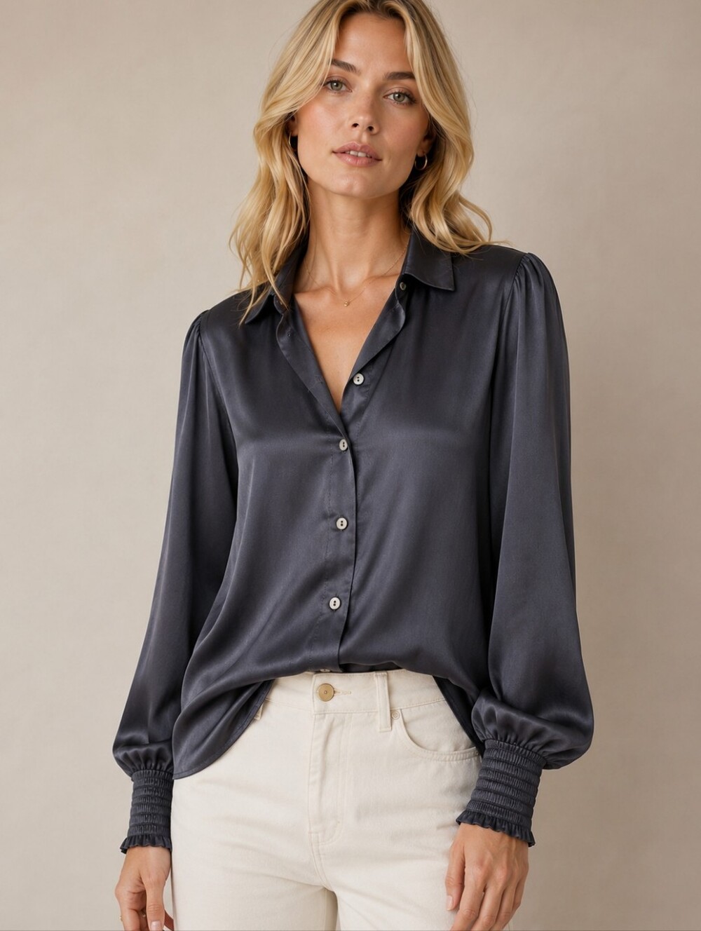 SERRA by JOIE RUCKER Sustainable Boutique Brand Satin Button-Down Shirt Charcoal